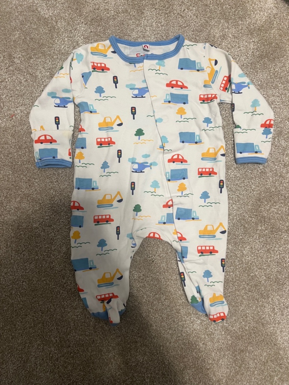 White Footed One-Piece with Blue Trim & Colorful Vehicles with Magnetic Closure